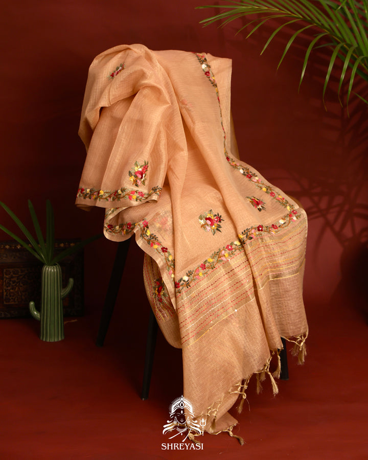 Tissue Linen Saree with Resham Floral Embroidery