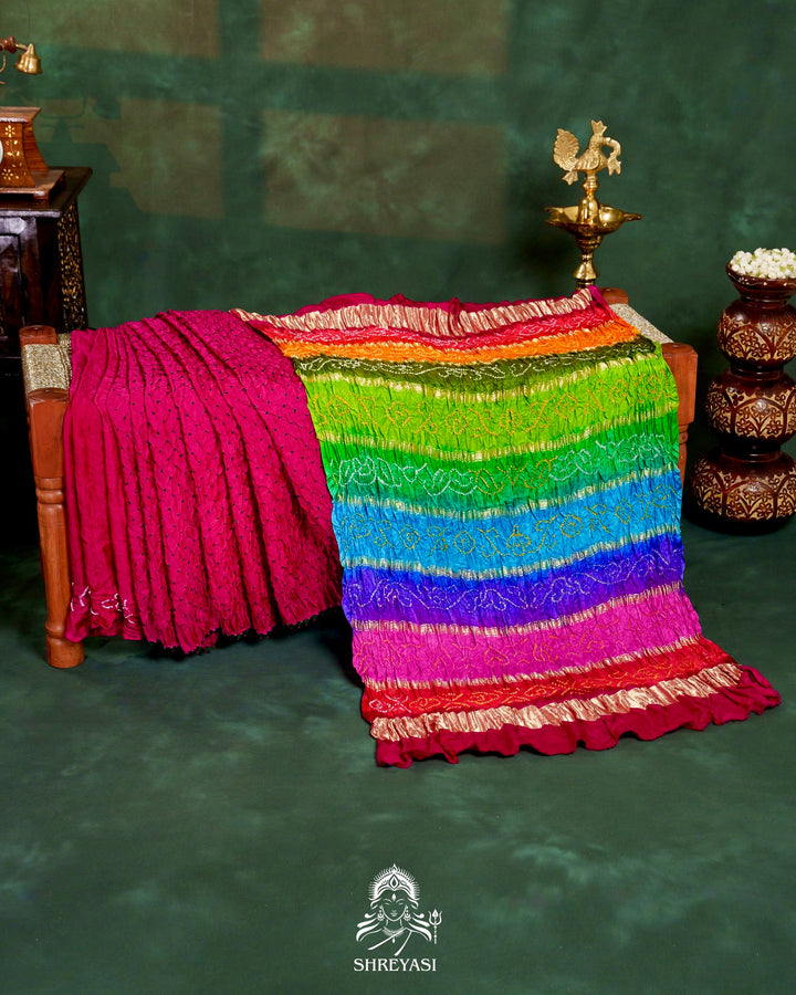 Handloom Pure Bandhani Gaji Silk Saree with Hand-Knotted Bandhej and Multicolored Bandhani Pallu