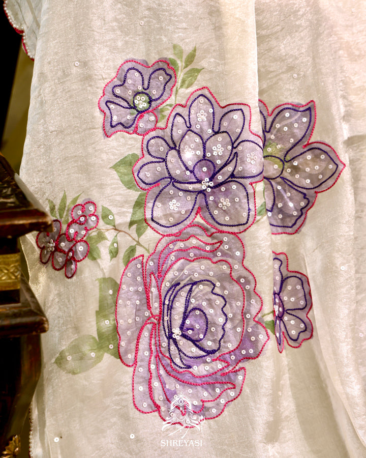 Glass Tissue Saree with Floral Print and  Embroidery