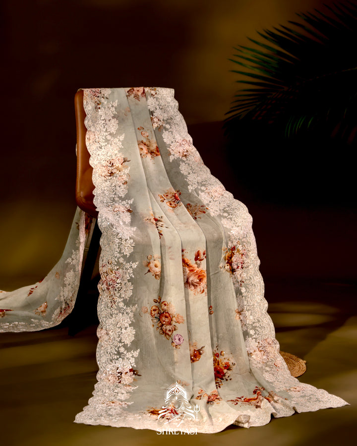 Floral Chiffon Georgette Saree with Scalloped Thread Embroidery