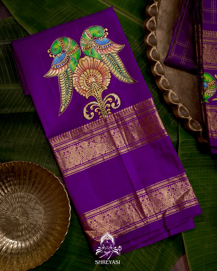 Handloom Pure Kanjivaram Silk Saree in Real Zari with Tanjore Kili and Kamalam Artwork