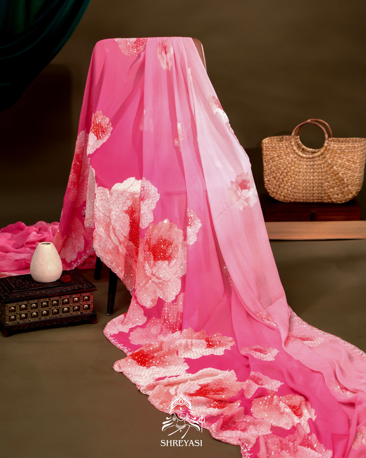 Blush Pink Pure Georgette Saree with Hand Embroidered Sequins and Cutdana Work