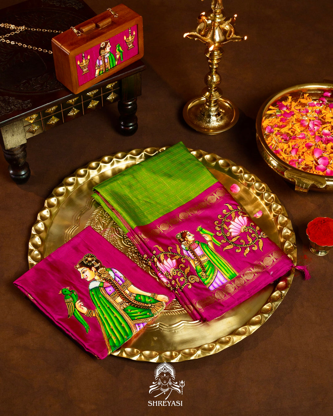 Traditional Tanjore Painting on Handloom Pure Kanjivaram Silk Sarees with Real Zari