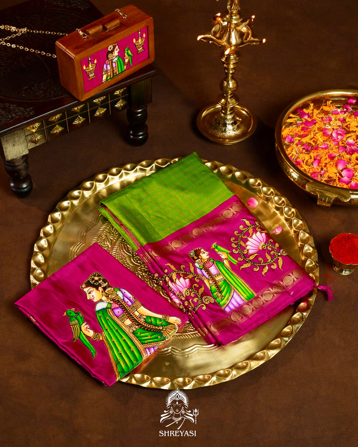 Traditional Tanjore Painting on Handloom Pure Kanjivaram Silk Sarees with Real Zari