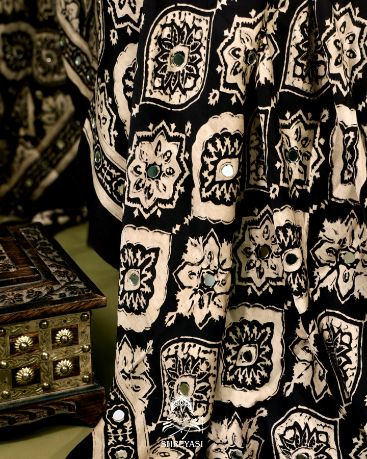 Ajrakh Hand Block Printed Pure Modal Silk Saree With Mirror Work