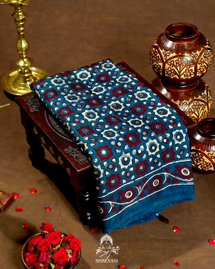 Mirror Work Pure Modal Silk Ajrakh Hand Block Printed Saree | Naturally Dyed Artisan Collection