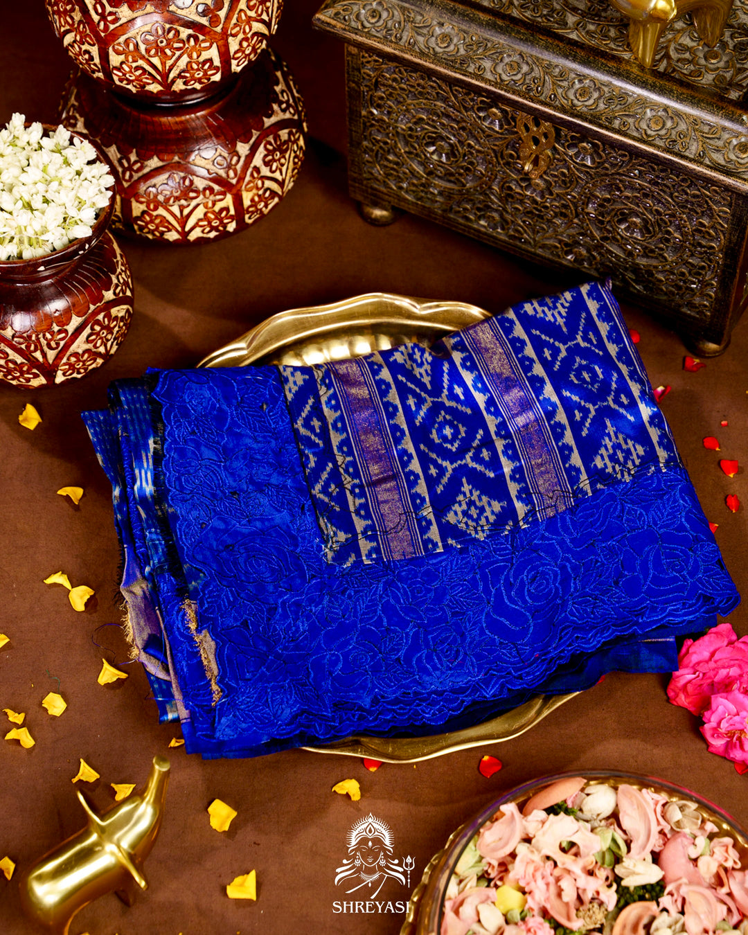 Handloom Pure Patola Silk Saree with Scalloped Floral Appliqué Embroidered Borders