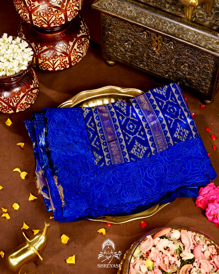 Handloom Pure Patola Silk Saree with Scalloped Floral Appliqué Embroidered Borders