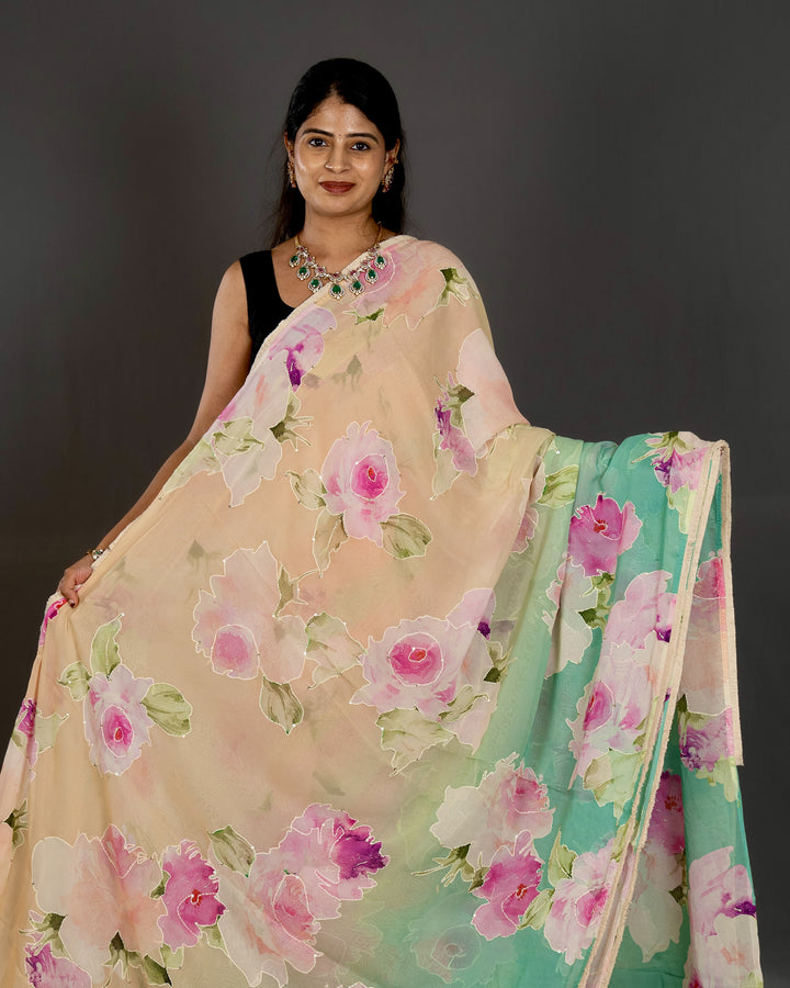 Pure Georgette Floral Saree with Thread Embroidery and Micro Sequins