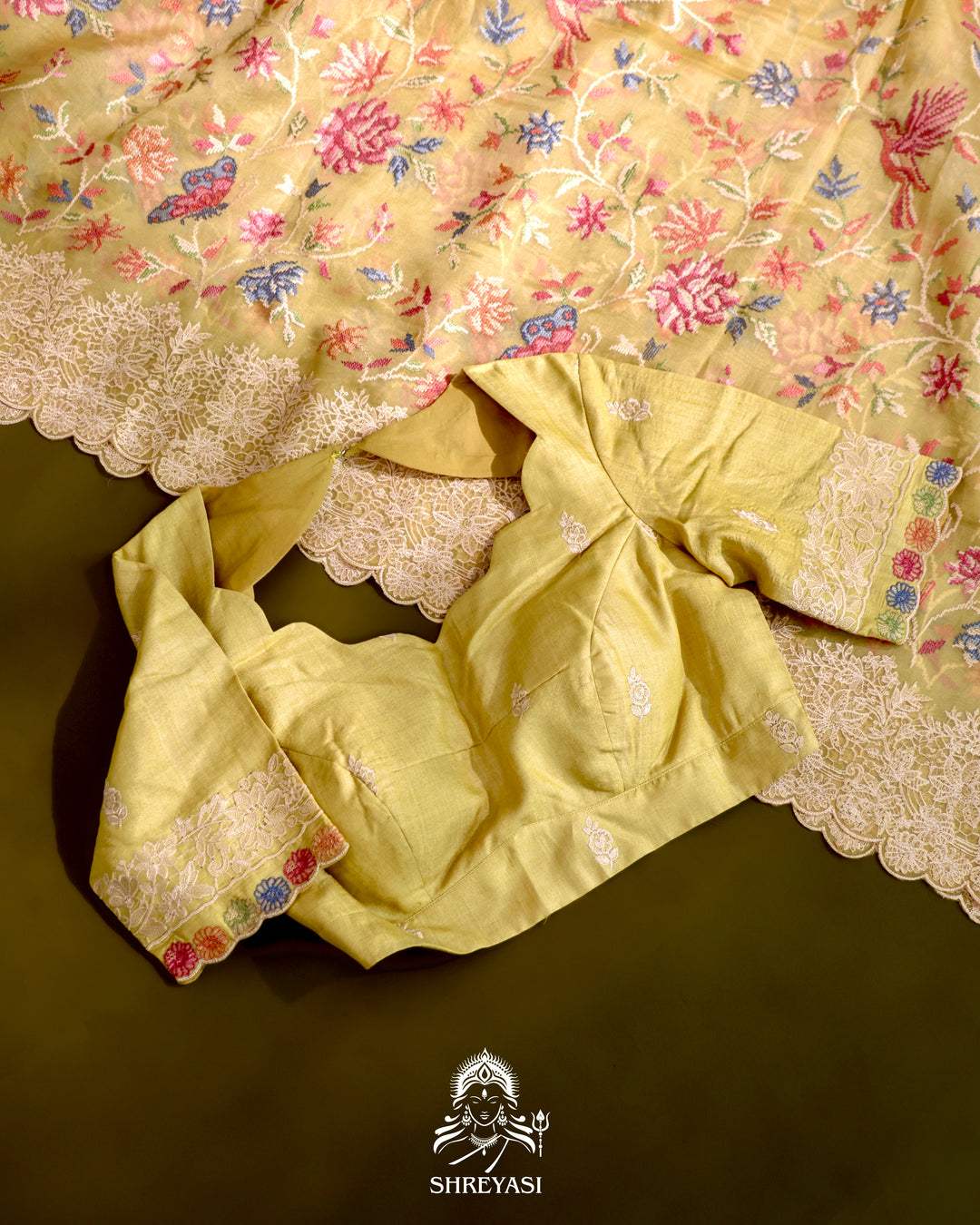 Organza Silk Saree with Petit Point Embroidery and Chantilly Lace Border