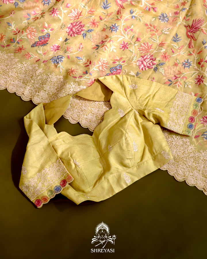 Organza Silk Saree with Petit Point Embroidery and Chantilly Lace Border