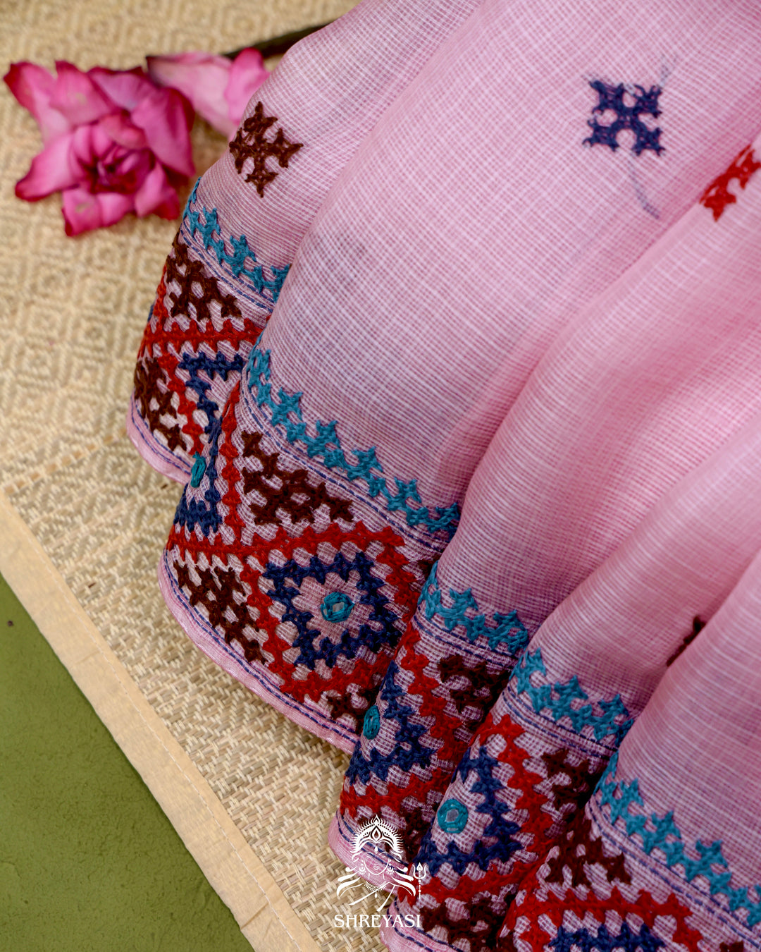 Handloom Pure Tussar Kota Saree with Kutch Hand Embroidery and Mirror Work