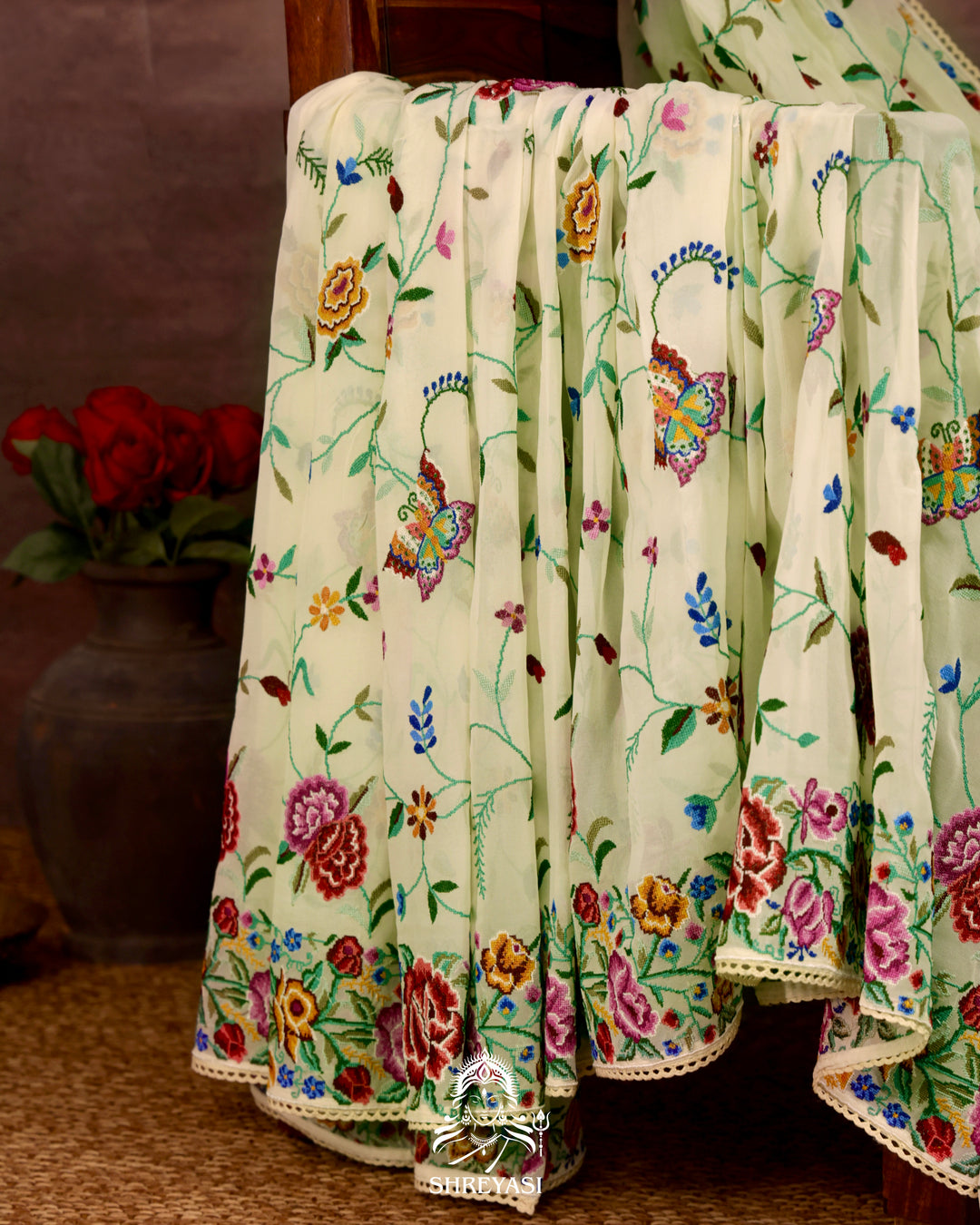 Pure Georgette Saree with Petit Point Embroidery and Lace Borders