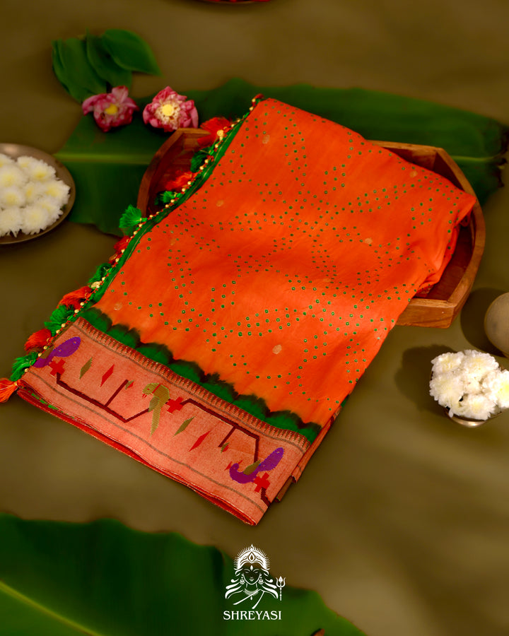 Paithani Bandhini Silk Saree with Parrot Peacock Border