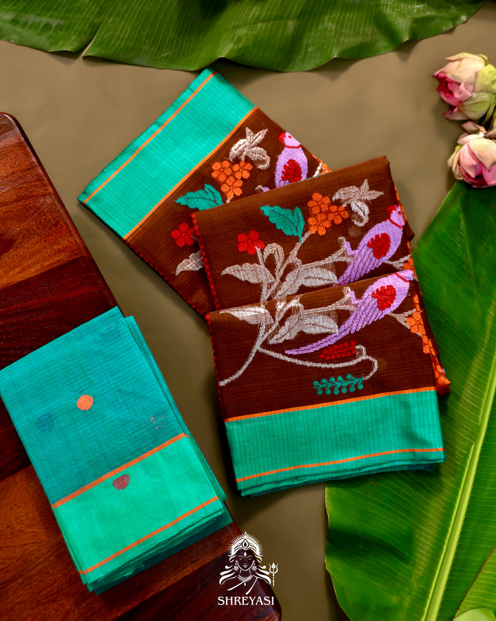 Zari Kota Silk Saree with Bird Motifs and Contrast Turquoise Blouse
