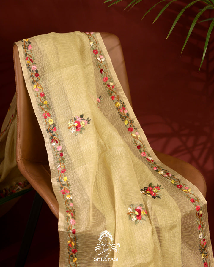 Tissue Linen Saree with Resham Floral Embroidery