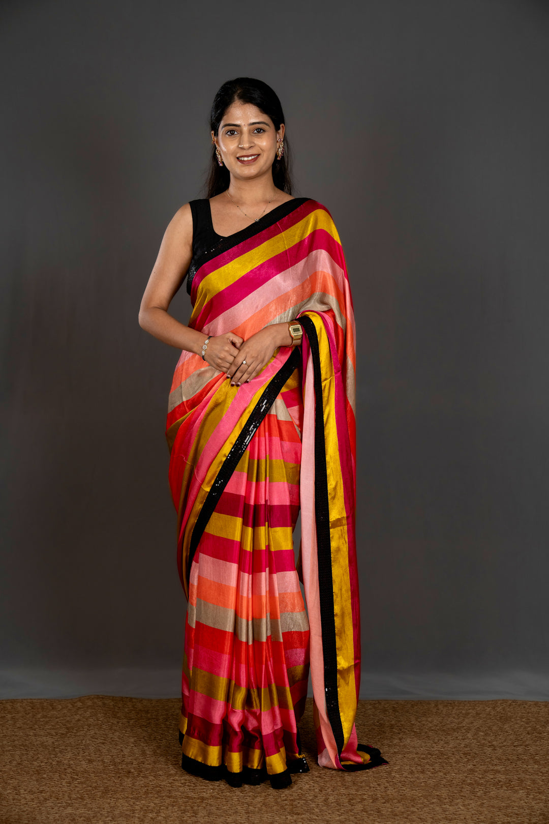 Pure Chinon Satin Saree with Multicolor Stripes and Sequin Border with Sequin Blouse