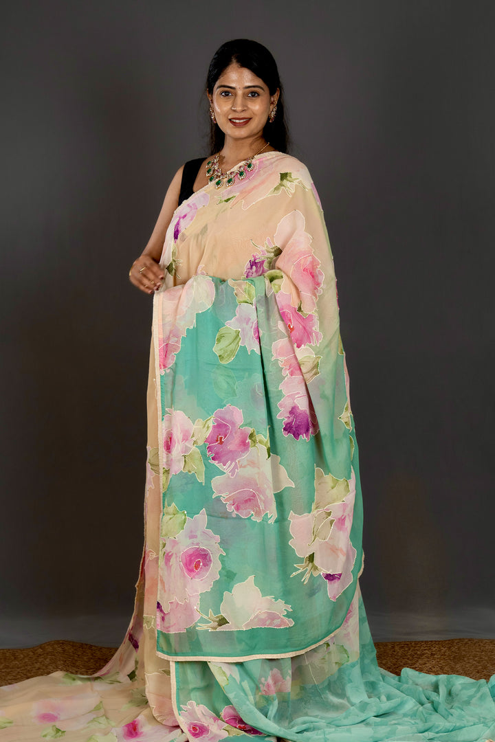 Pure Georgette Floral Saree with Thread Embroidery and Micro Sequins