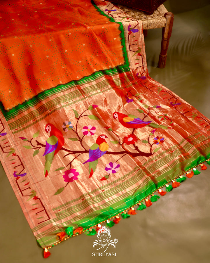 Paithani Bandhini Silk Saree with Parrot Peacock Border