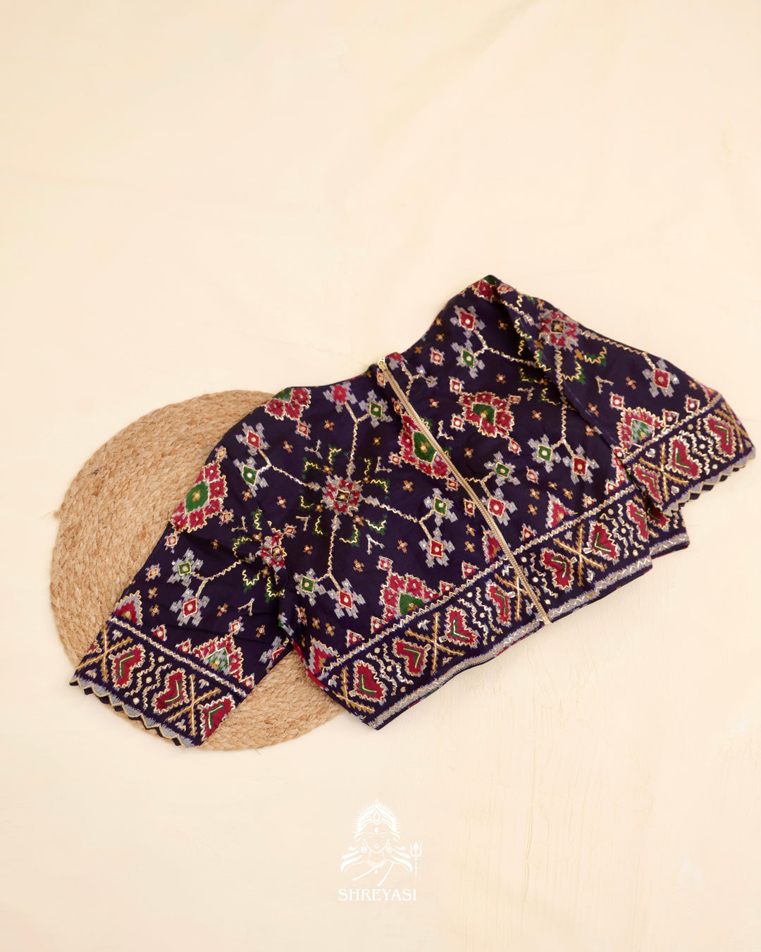 Rajkot Patola single ikat silk blouse with geometric motifs and pita embroidery