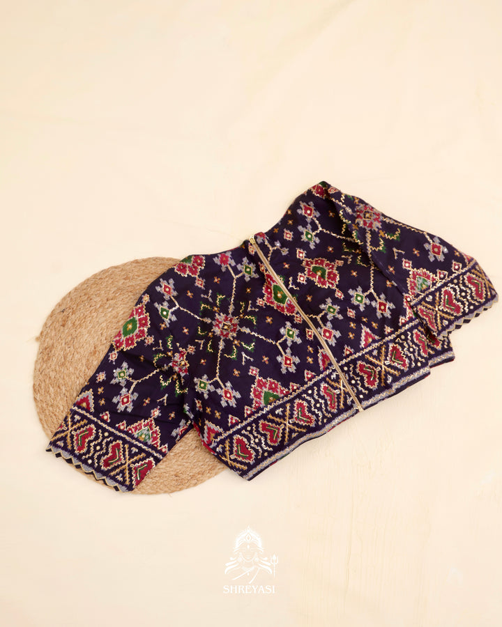 Rajkot Patola single ikat silk blouse with geometric motifs and pita embroidery