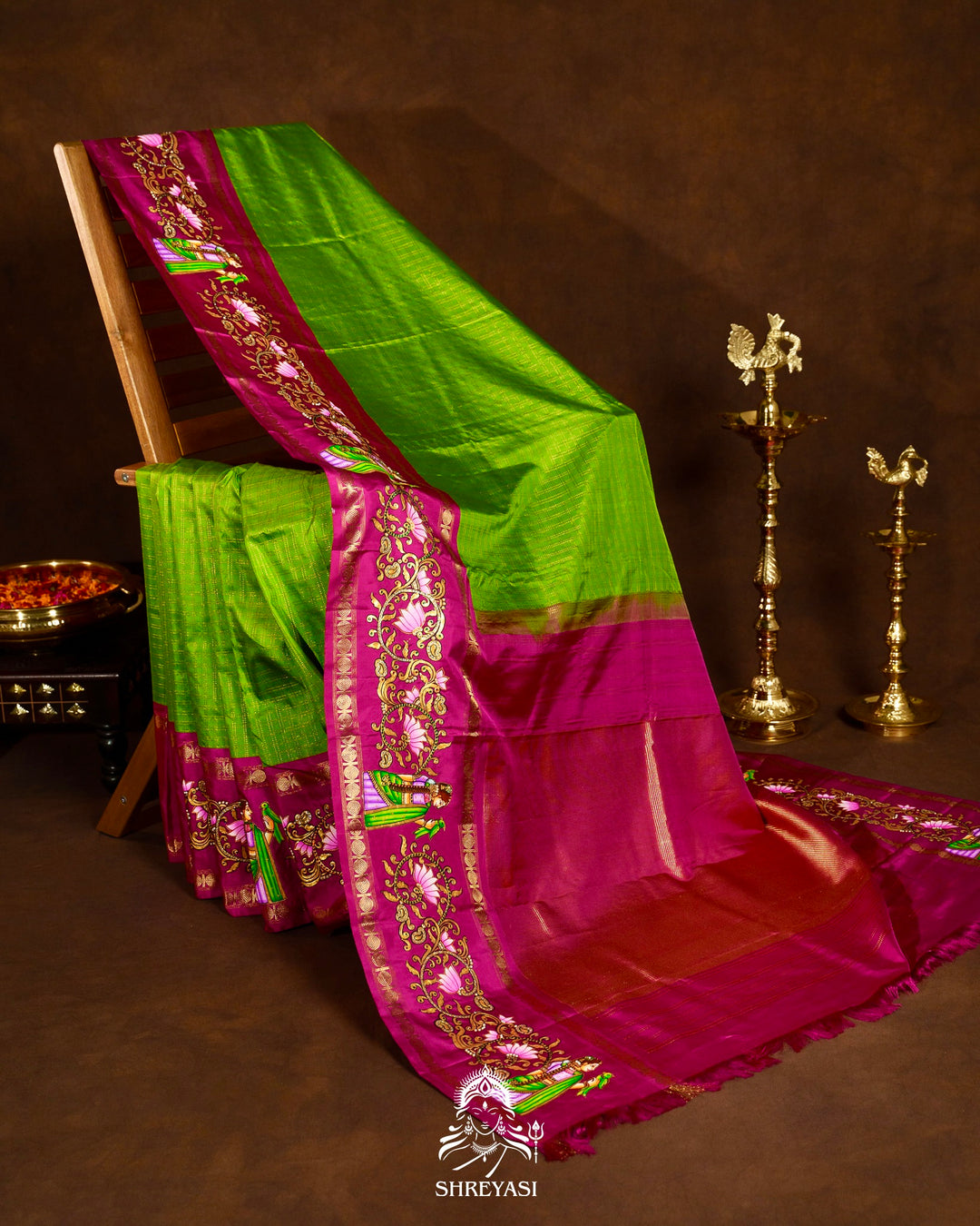 Traditional Tanjore Painting on Handloom Pure Kanjivaram Silk Sarees with Real Zari