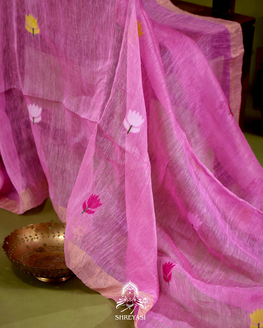 Handloom Silk Linen Jamdani Saree with Tissue Paithani Pallu