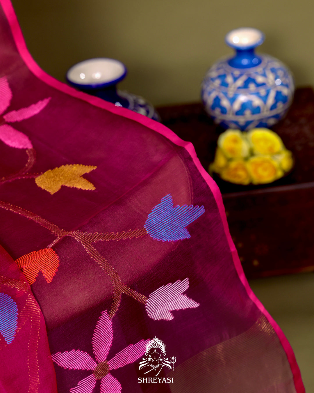 Handloom Pure Muslin Jamdani Saree in Full Jaal Needle Weaving