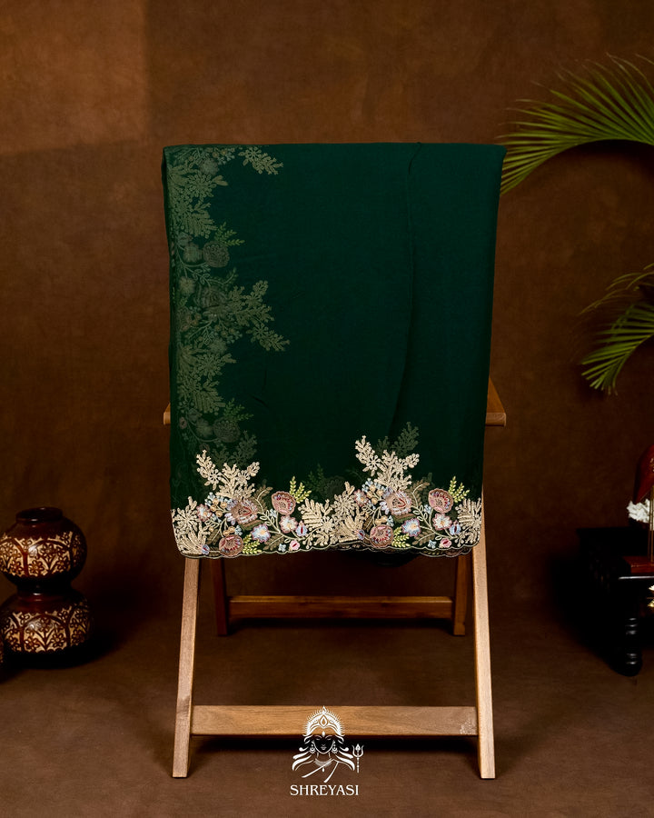 Premium Pure Georgette Chikankari Saree in Emerald Green with Embroidered Floral Borders