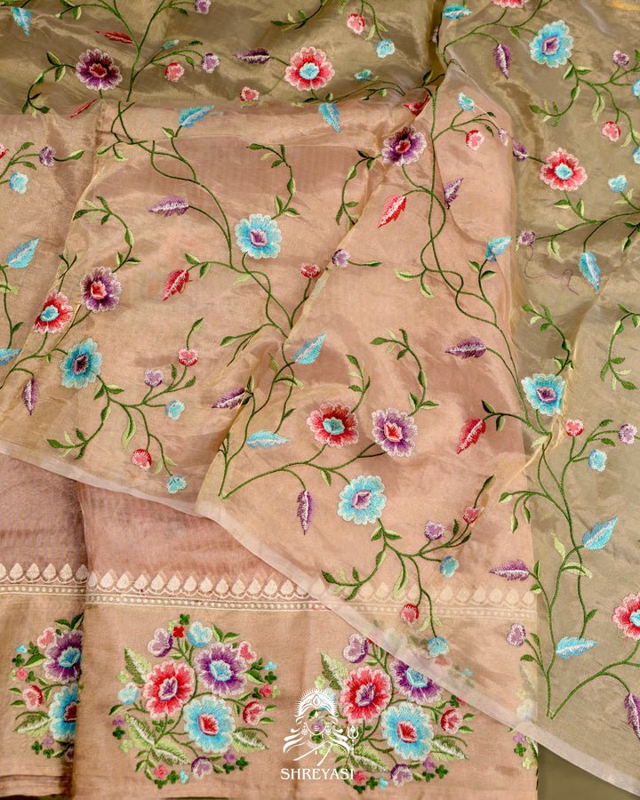Handloom Banarasi Tissue Stripe Silk Saree with Satin Stitch Floral Embroidered Borders