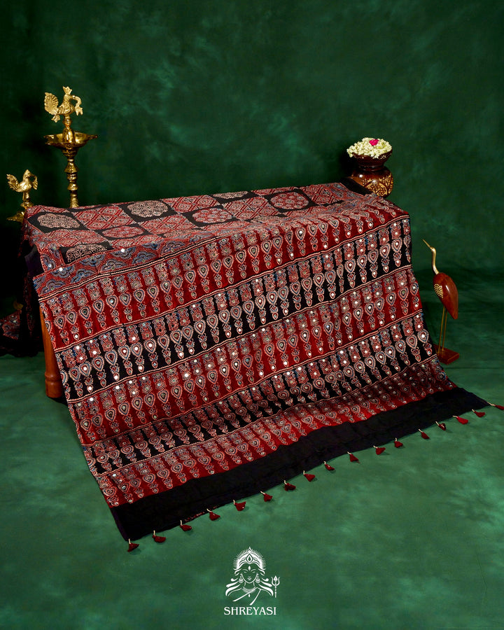 Mirror Work Pure Modal Silk Ajrakh Hand Block Printed Saree | Naturally Dyed Artisan Collection