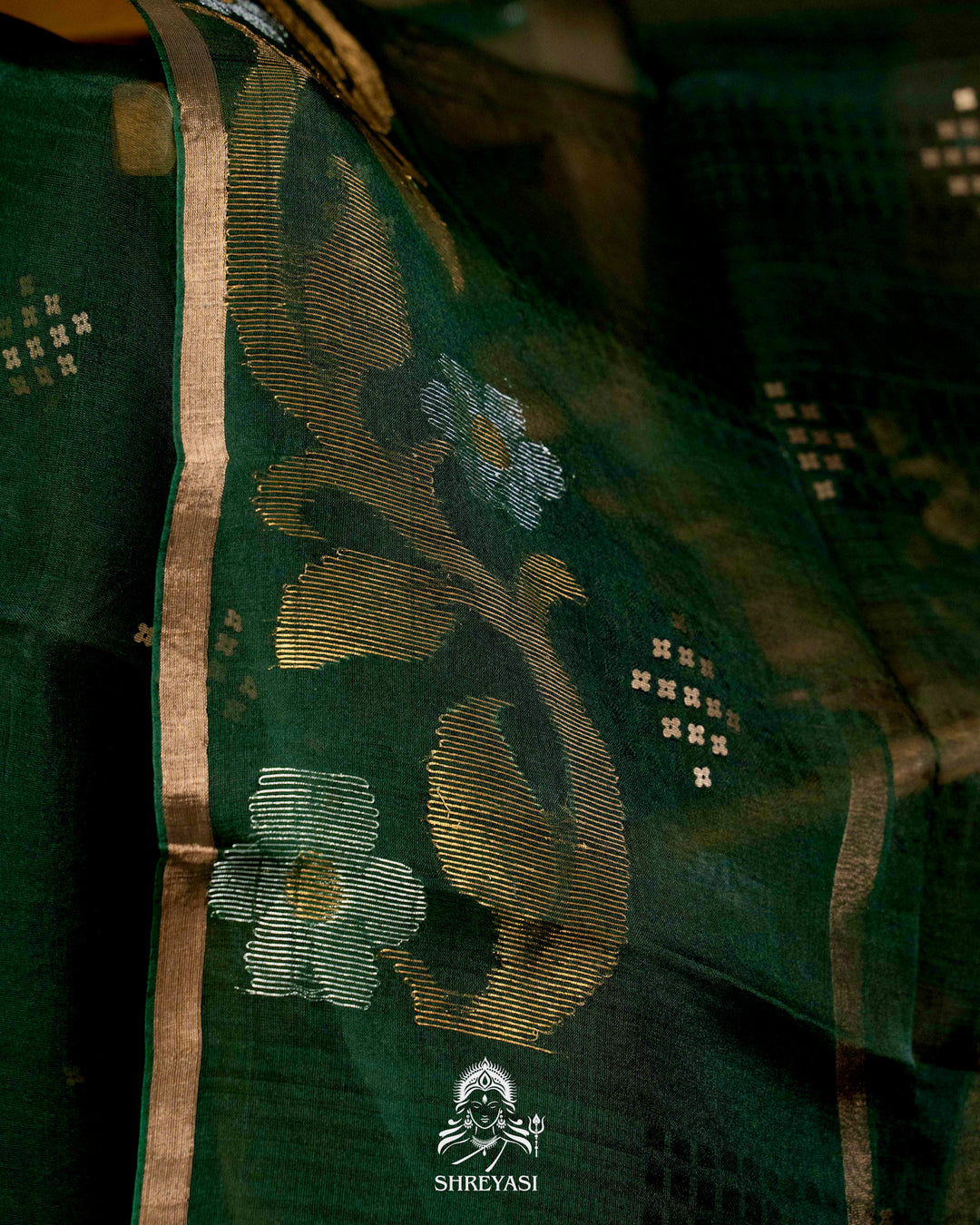 Handloom Pure Double Thread Muslin Jamdani Saree with Sona Rupa Zari & Sequence Weaving