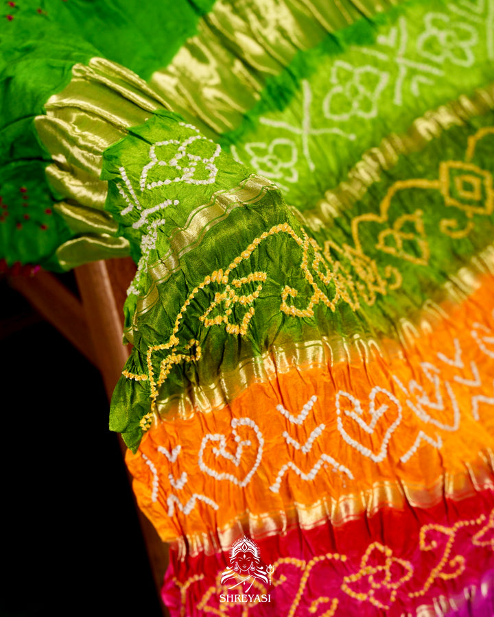 Handloom Pure Bandhani Gaji Silk Saree with Hand-Knotted Bandhej and Multicolored Bandhani Pallu