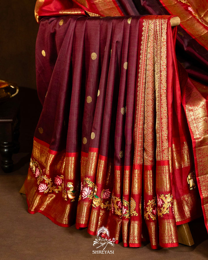 Traditional Tanjore Painting on Handloom Pure Kanjivaram Silk Sarees with Real Zari
