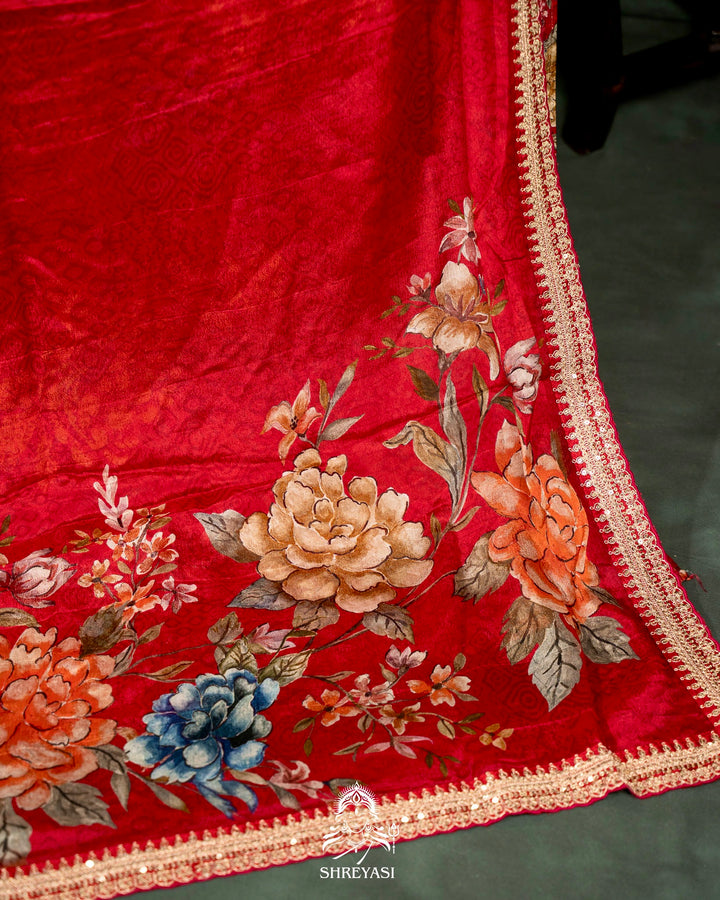 Floral Crepe Chiffon Saree with Embroidered Borders