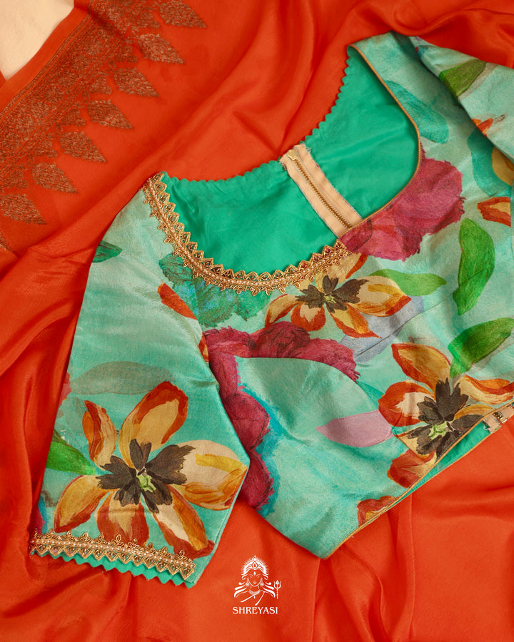 Banarasi Crepe Silk Saree with Floral Embroidered Blouse