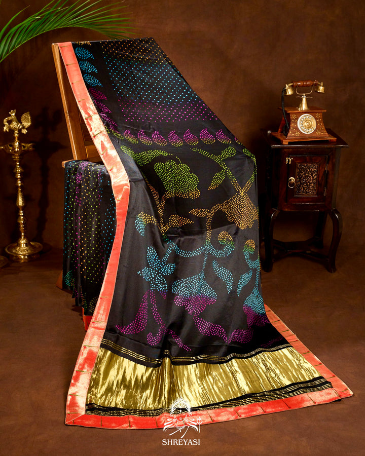Handloom Pure Gaji Silk Bandhej Saree with Pure Paithani Border