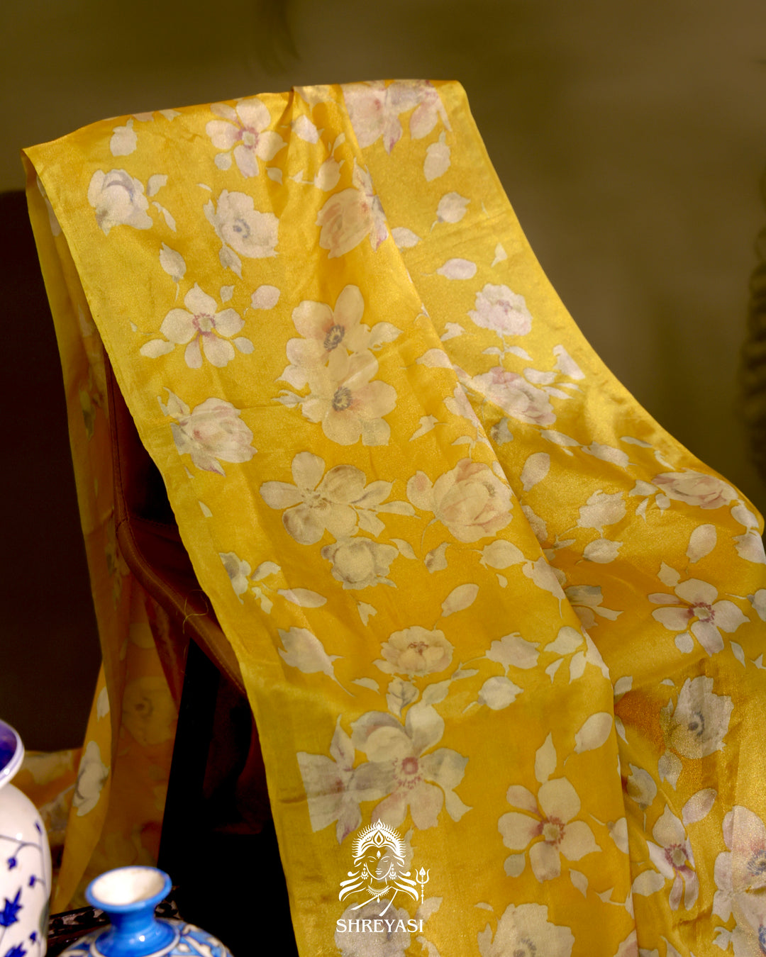 Yellow Floral Banarasi Ektara Tissue Silk Saree with Embroidered Blouse