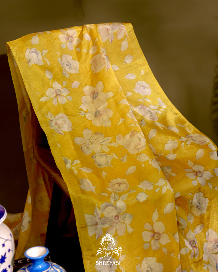 Yellow Floral Banarasi Ektara Tissue Silk Saree with Embroidered Blouse
