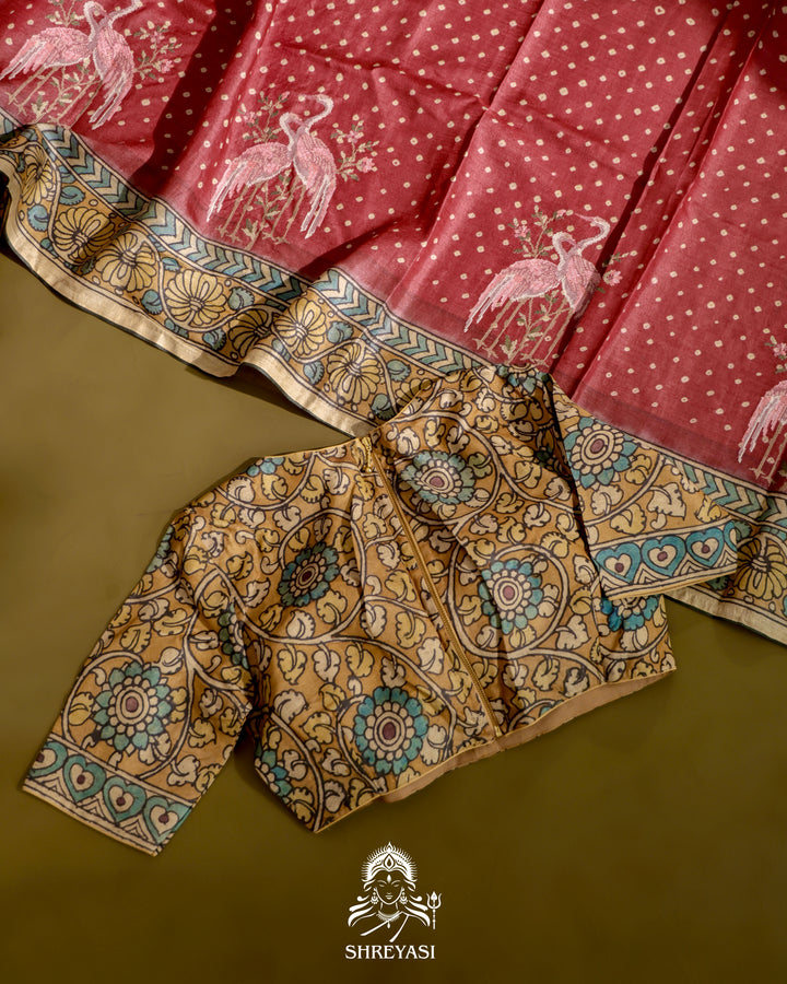 Tussar Silk Bandhej Saree with Pen Kalamkari and Petit Point Embroidery