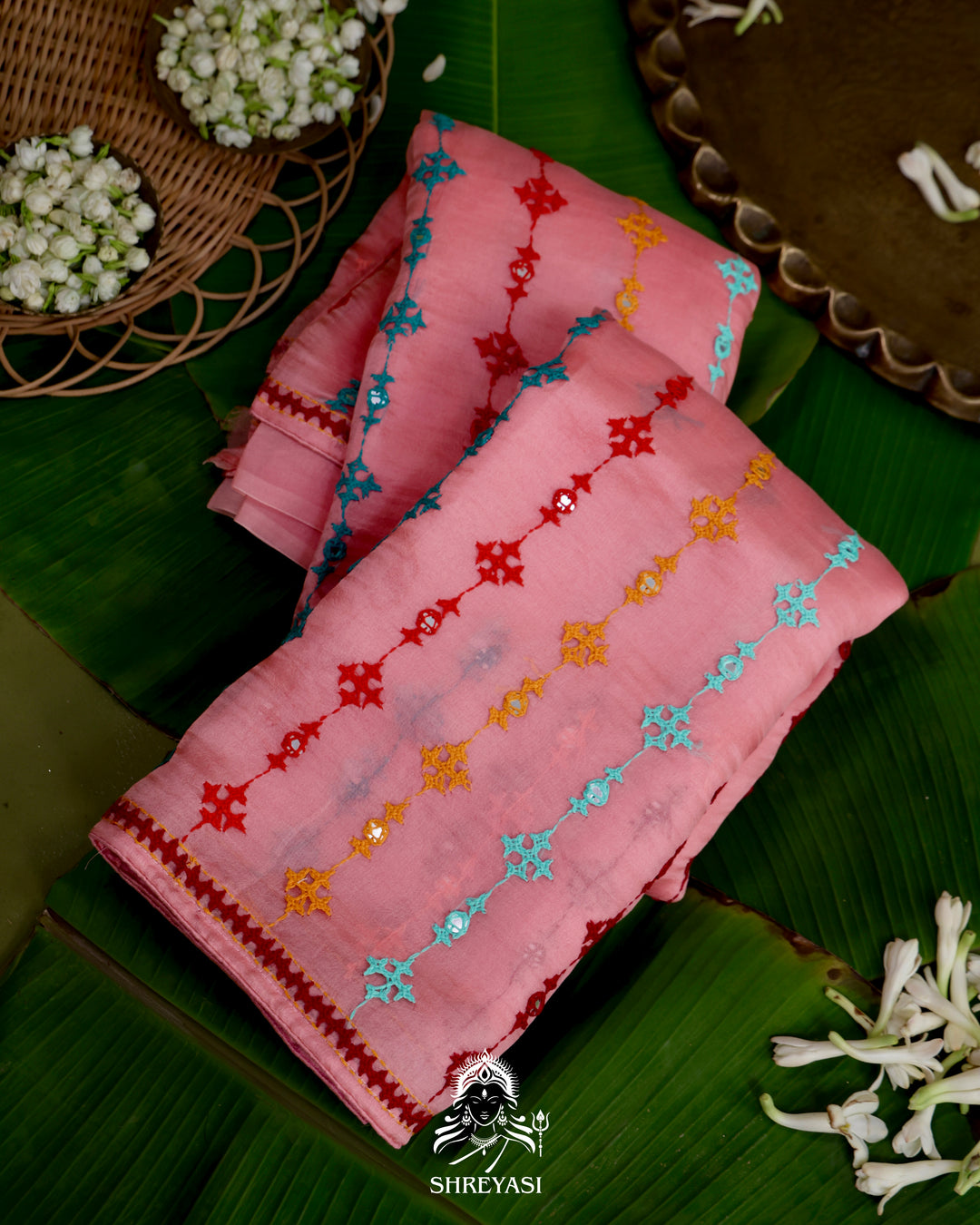 Pure Organza Silk Saree with Hand Embroidered Kutchi Shisha Mirror Work