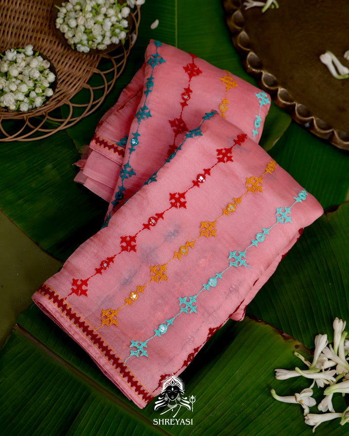 Pure Organza Silk Saree with Hand Embroidered Kutchi Shisha Mirror Work