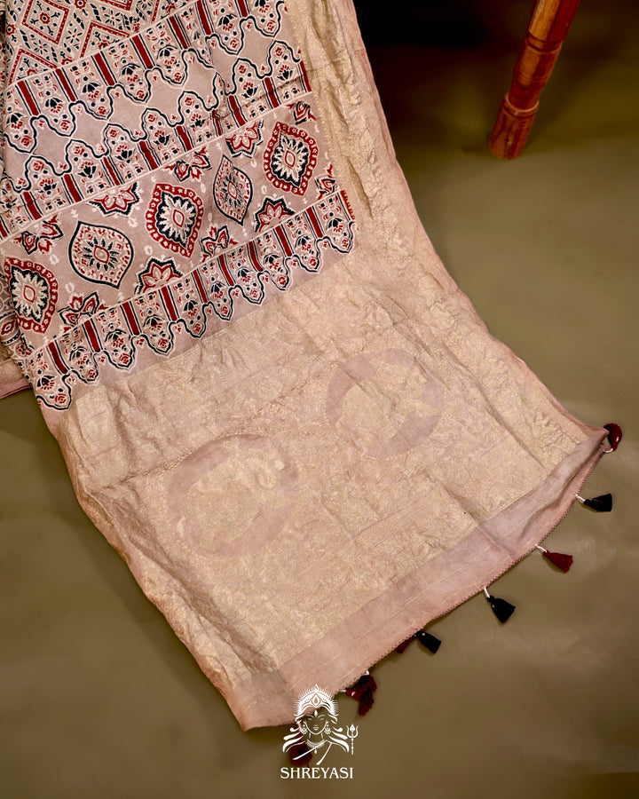 Hand Block Printed Ajrakh Dola Silk Saree with Zari Brocade Blouse
