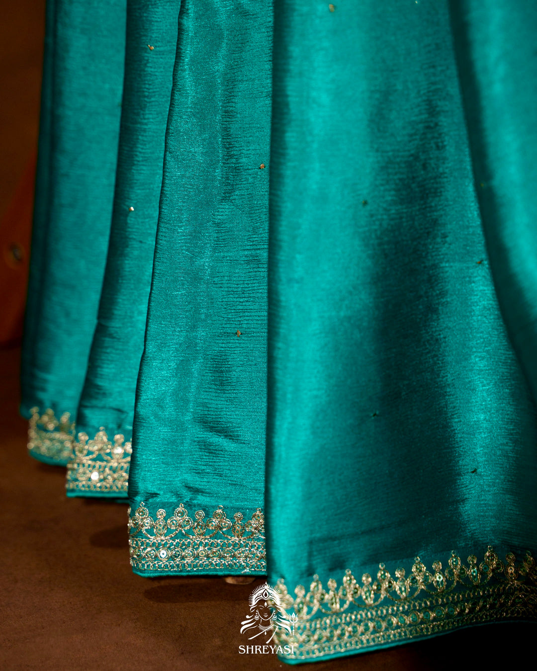 Pure Crepe Satin Saree with Embroidered Borders and Fully Embroidered Blouse
