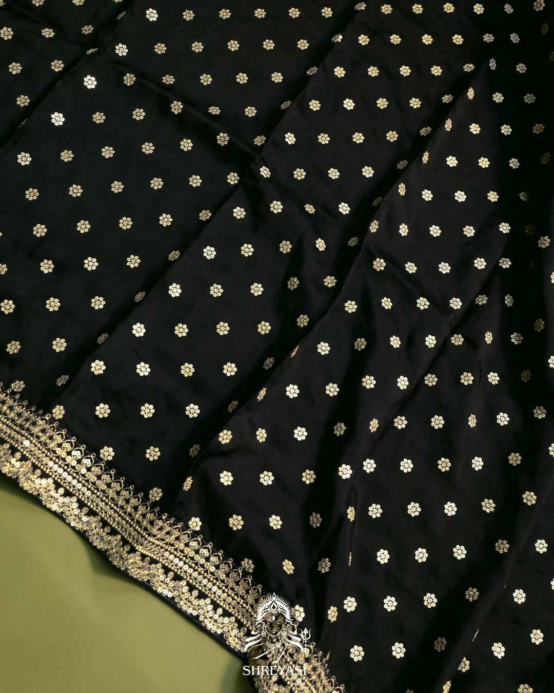 Black Chinon Satin Floral Saree with Embroidered Border