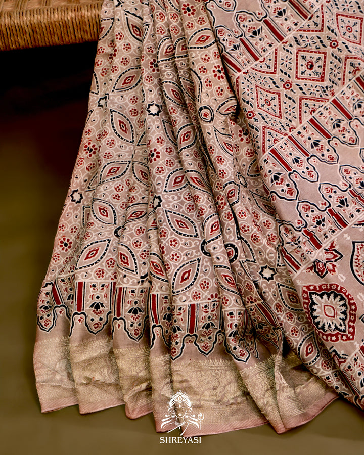Hand Block Printed Ajrakh Dola Silk Saree with Zari Brocade Blouse