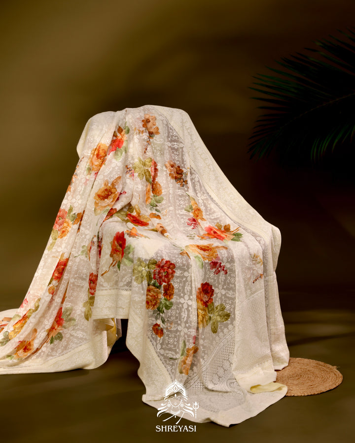 Georgette floral saree with chikankari embroidery