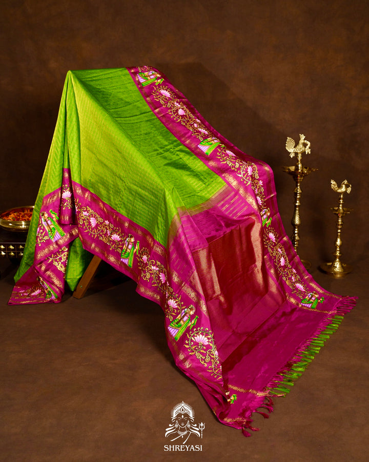 Traditional Tanjore Painting on Handloom Pure Kanjivaram Silk Sarees with Real Zari