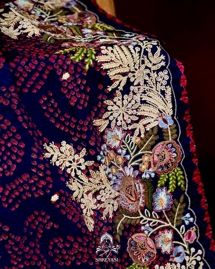 Handloom Pure Gaji Silk Bandhej Saree with Floral Embroidery