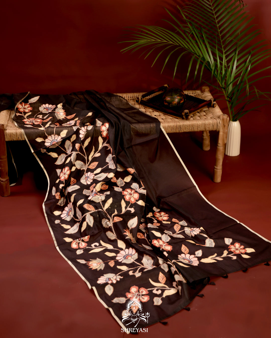 Kota saree with floral kalamkari appliqué work, contrast border, and lightweight breathable drape